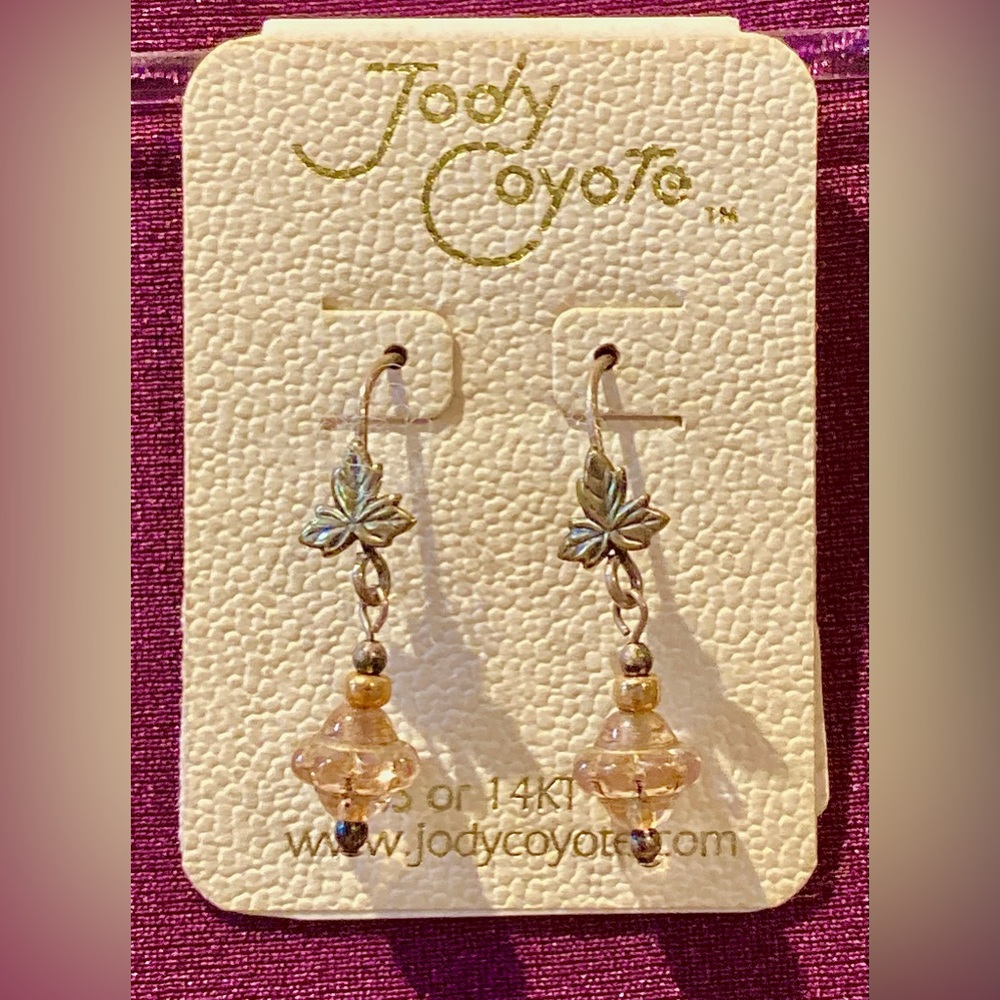 'Jody Coyote' Bronze Leaf with Glass Dangle Earrings
